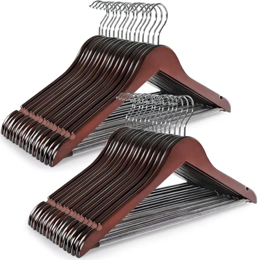 

Wooden Coat Hangers 30 Pack, Cherry Wood Suit Hangers with Non Slip Pants Bar, 360 Swivel Hook and Shoulder Notches for Camisole