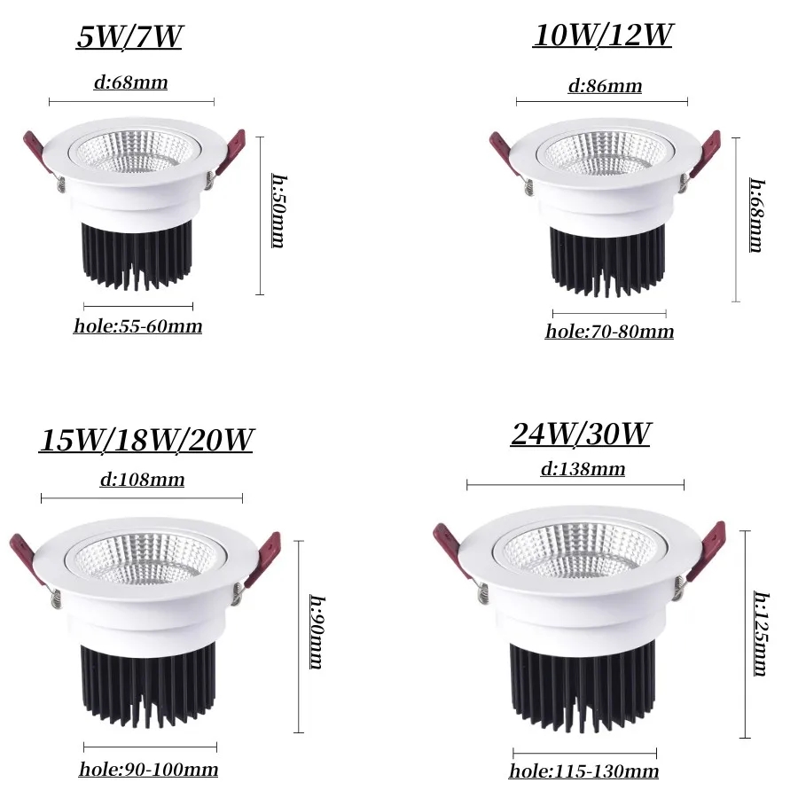 Wpuszczane LED antyodblaskowy okrągły Downlight 5W 7 w12w 15W 18W 24W 30W CREE reflektor COB lampa sufitowa AC85V-265V gospodarstw domowych