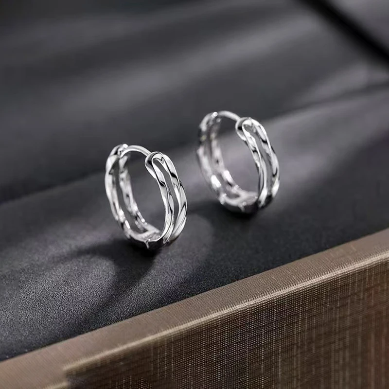 Real 925 Sterling Silver Irregular Double-layer Round Hoop Earrings For Women Classic Fine Jewelry Exquisite Accessories