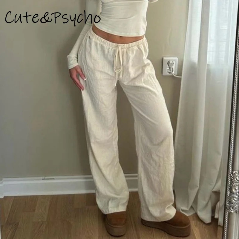 Cuteandpsycho Streetwear Casual Loose Trousers Basic Solid Drawstring Wide Leg Pants Lersure Fashion All-match 90s Chic Bottoms