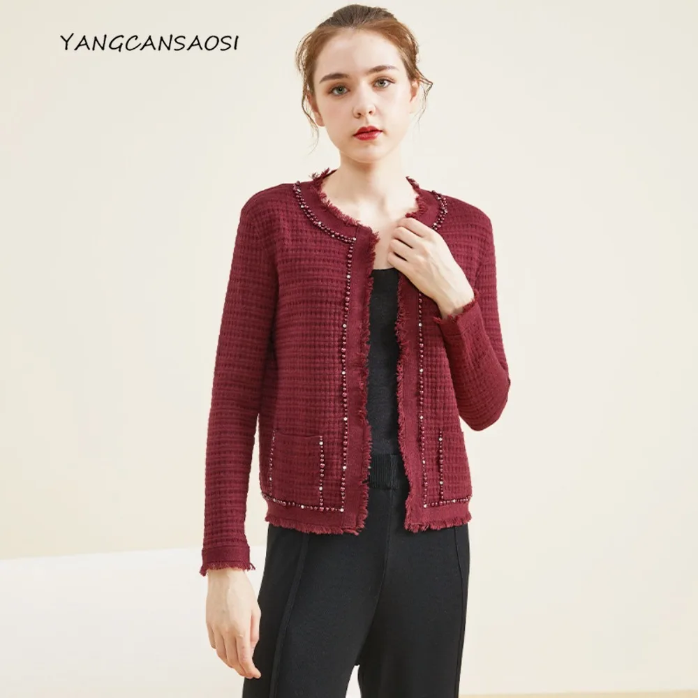 Women's Fashion Spring and Autumn Clothing 69% Natural Mulberry Silk 11% Cashmere Round Neck Knitted Long Sleeved Cardigan