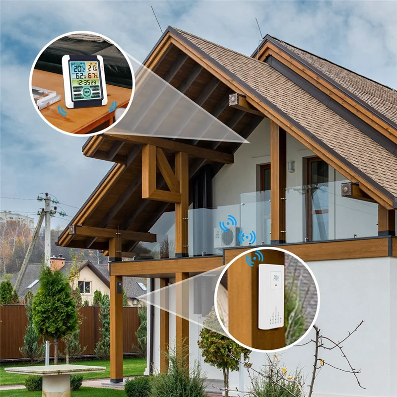 T88C Wireless Temperature Humidity Sensor LCD Digital Screen Temperature Sensor with Clock Function for Home Indoor Outdoor