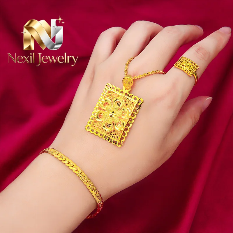 

Nexil Jewelry Nexil Jewelry 24K Gold AU999 New Open Ring-Necklace Set - Polished Adjustable Women's Ring + Chain, Matching De