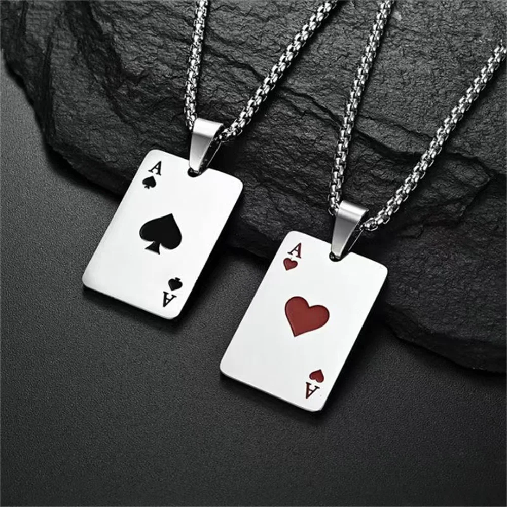 

Personalized Titanium Steel Necklace Men Hip-Hop Jewelry Creative Playing Card Spade Red Heart A Pendant Necklace Sweater Chain