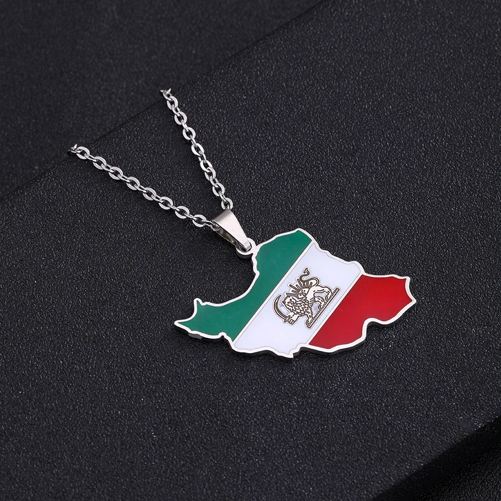 Fashion Enamel Iran Map Flag Pendant Necklaces Iranian Stainless Steel Jewelry for Women Men Girls Jewelry Gifts