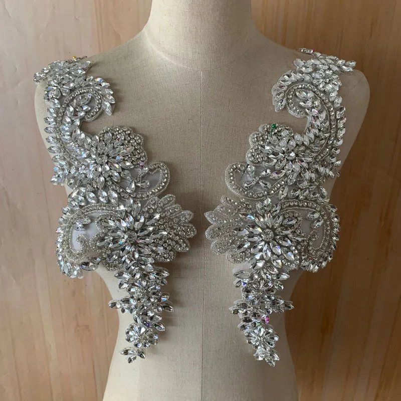 silver appliques for dresses 1 Pair Handmade Silver Gold Rhinestones Applique on Mesh Iron on Crystal  Beads Lace Bodice Patches for Dress Wedding