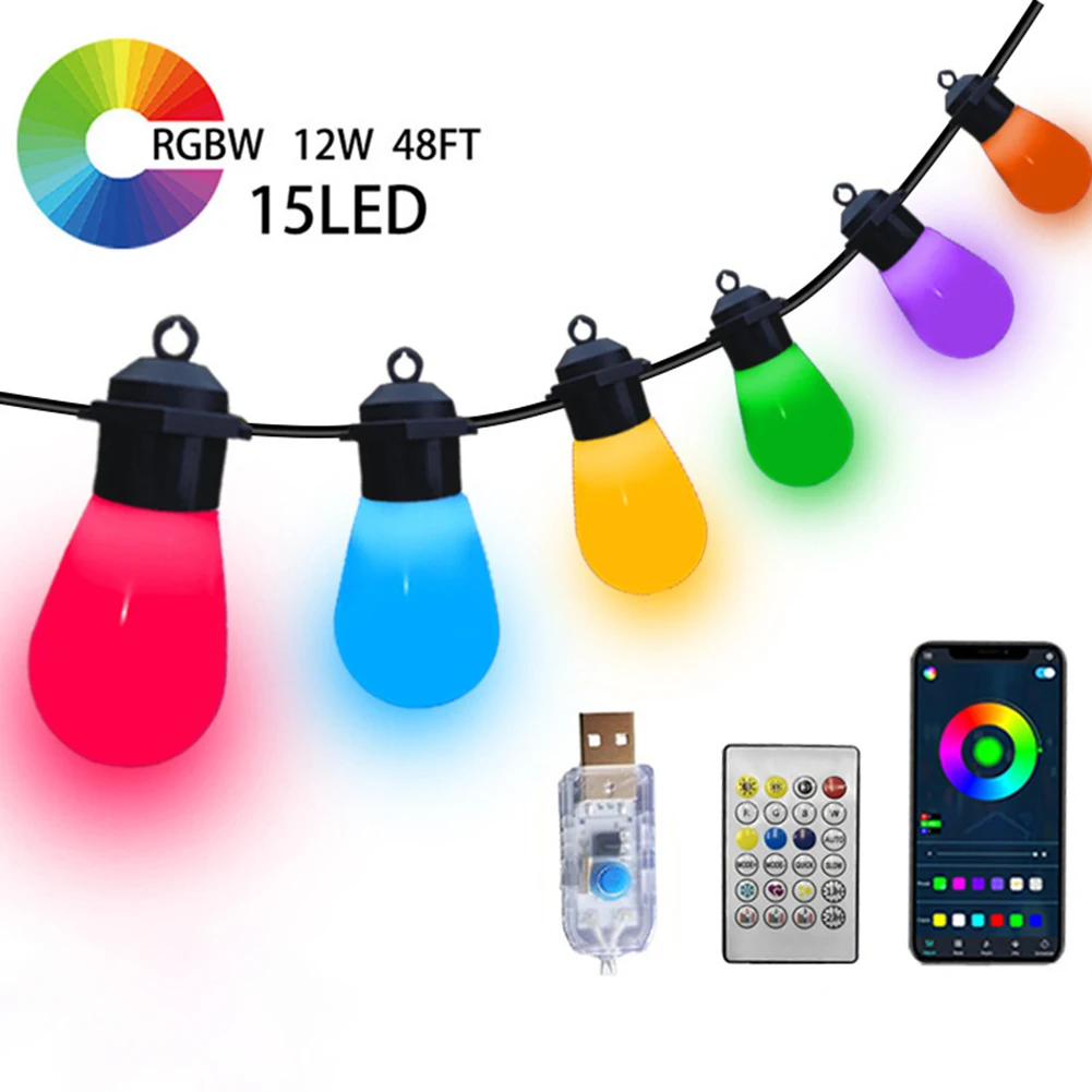 Inteligente LED String Lights para Jardim, impermeável, ao ar livre, Pátio Luz, festão, Decoração do casamento, RGBW, S14 Lâmpada, Wi-Fi, Dropshipping, 12m