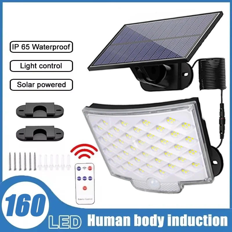 160 LED Solar Motion Light Outdoor Separate Panel Solar Flood Lights 4 Working Modes for Garden Garage Waterproof Wall Lights