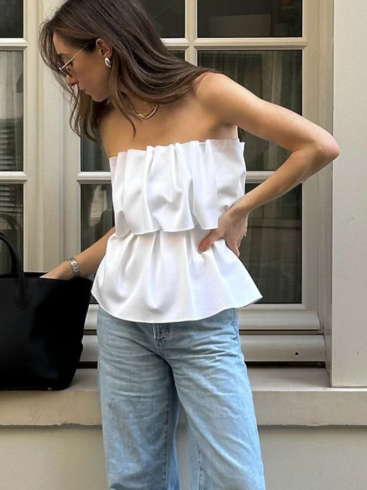 

Elegant Ruffles Pleated Solid Strapless Top Sexy Off Shoulder Backless Sleeveless Crop Tops Chic Summer Lady High Street Vest