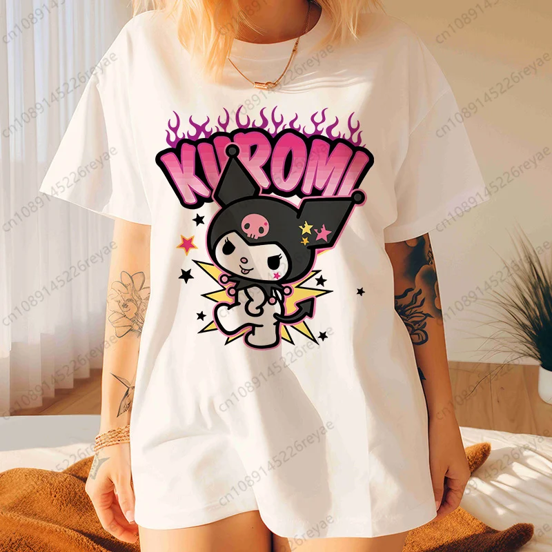 

Женские футболки больших размеров с принтом Kawaii Kuromi Gothic Heart, короткий рукав, уличная мода, одежда больших размеров для женщин