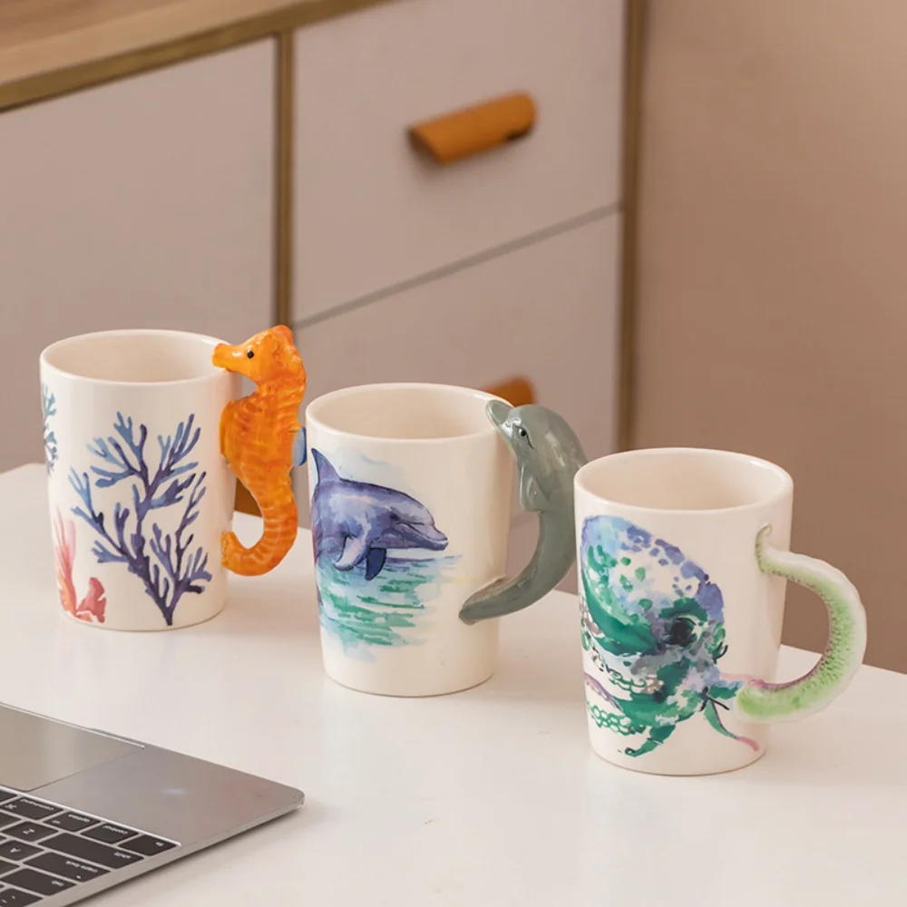 Dolphin Seahorse Octopus Ceramic Mug Coffee Cup With Handle Marine Animal Porcelain Milk Tea Mug Gift For Kids
