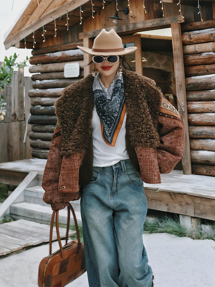 

McXu Original Vintage Heavy Work Ethnic Sle Color Blo Lamb Fur Jaet Women's Fce Lined ort Coat Loose Fit Long Sve