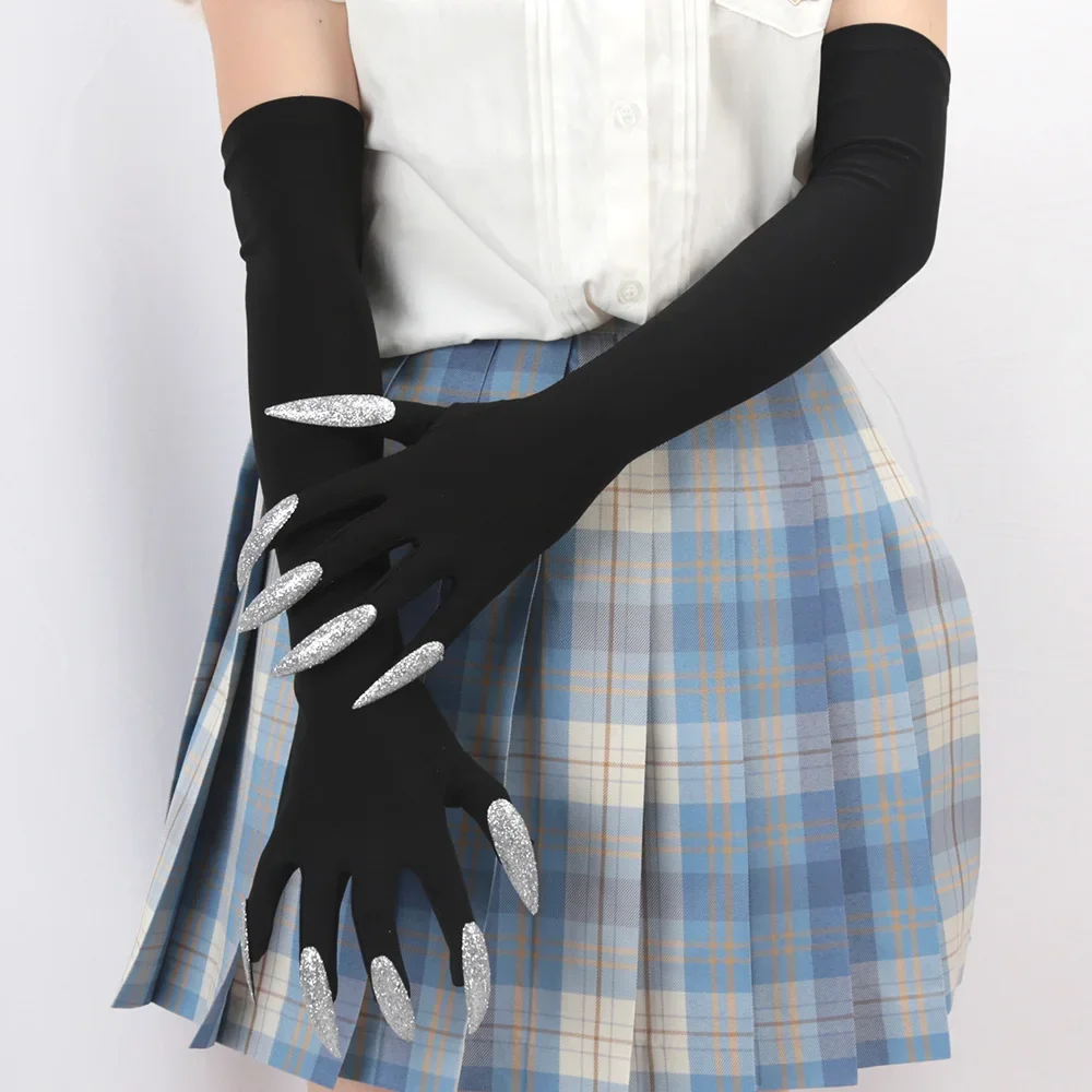 

Halloween Makeup Party Witch Silver Color Nail Demon Paw Gloves Cosplay Black Stage Performance Gothic Nails Mittens