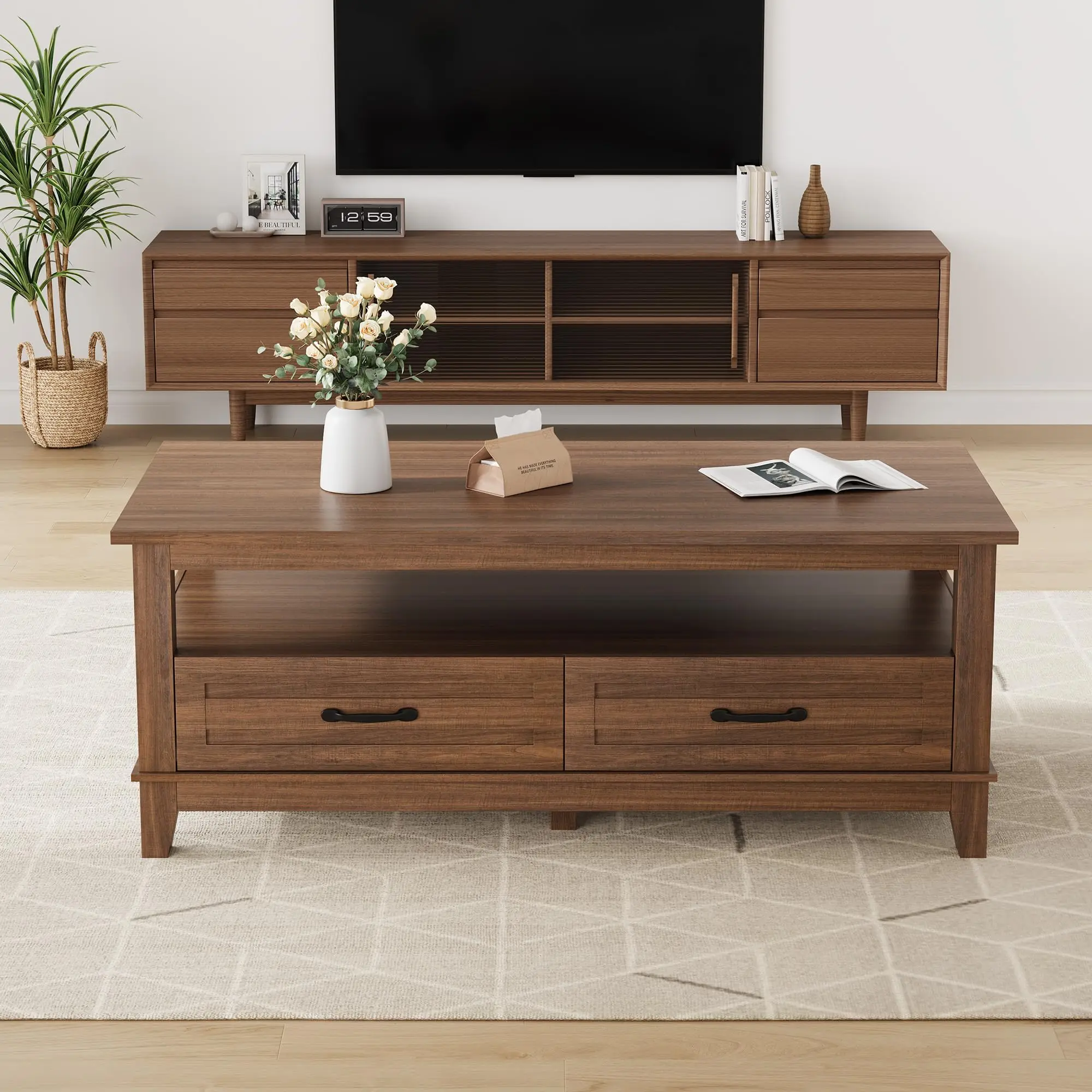Rustic Farmhouse Coffee Table With 2 Storage Drawers And Open Shelf Rectangle Wood Center Table For Living Room Easy Assembly 6 Leg Design