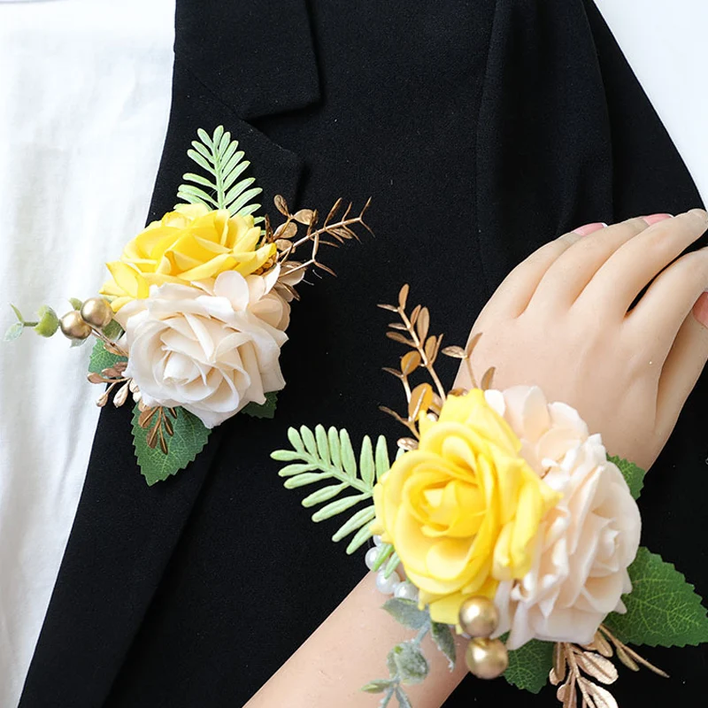 

25037 Yellow Bohemian Rose Flower Corsage & Wristlet - Perfect for Brides, Groomsmen, and Wedding Decorations