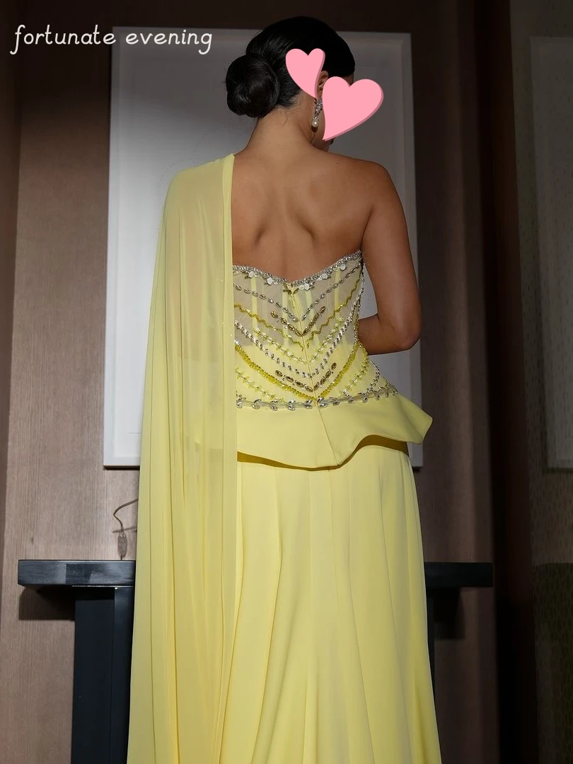 Fortunate Evening Elegant Vintage Sweet Sexy Yellow Crystal Beading Ruffle Summer Formal Occasion Prom Dress Evening Party Gowns