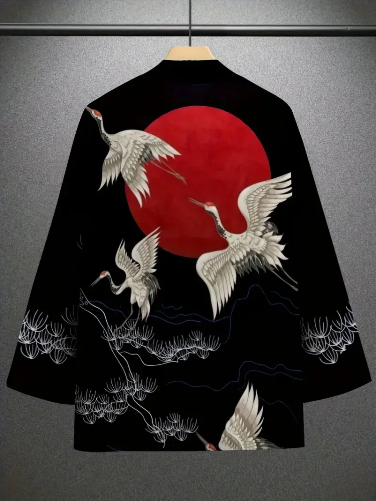 New Trend Fashion Men's Casual Kimono Sunset Flying Crane 3D Printing Men's Traditional Kimono Daily Casual Men's Cardigan