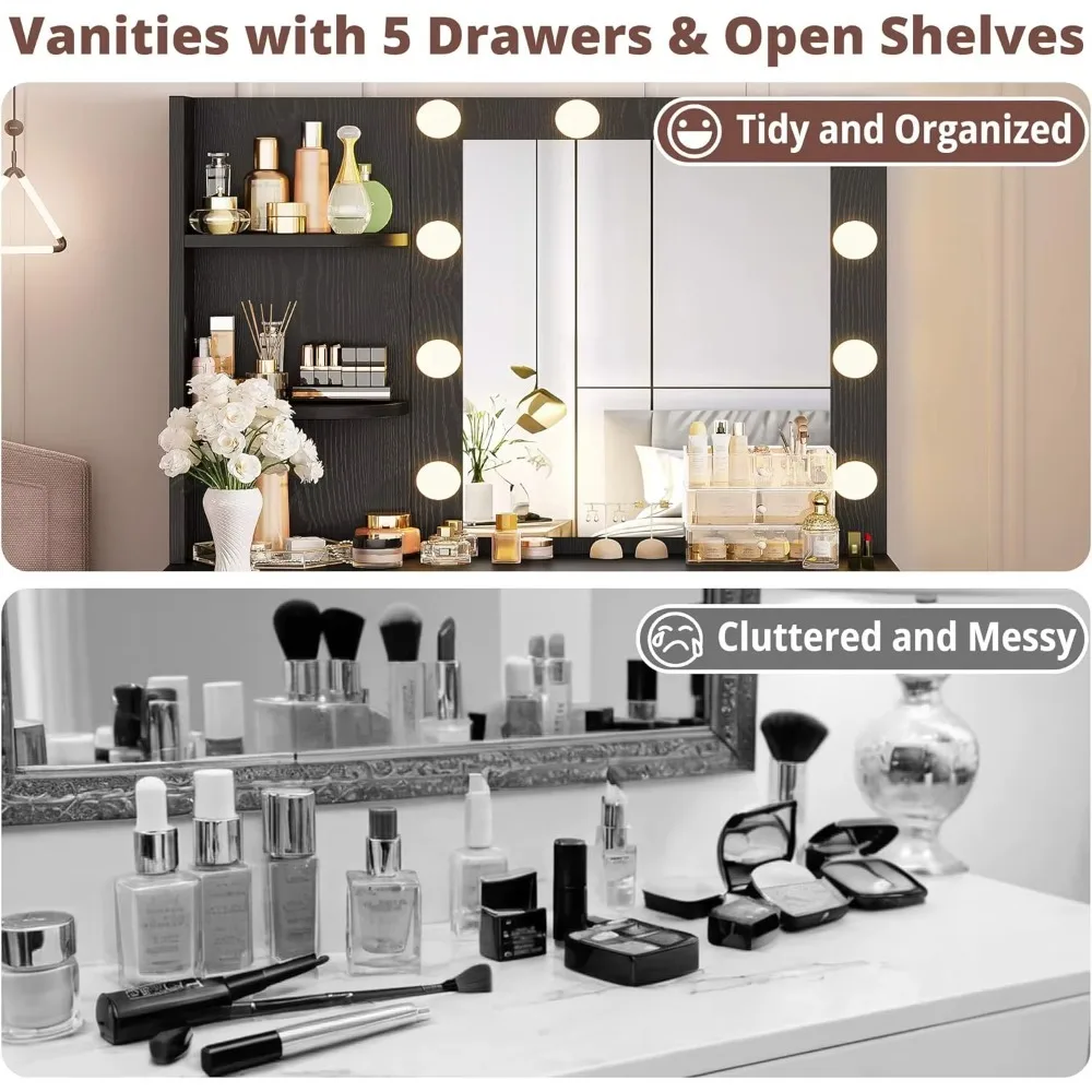 مكتب فانيتي مع مرآة وأضواء، طاولة مكياج صغيرة مع 5 أدراج، طاولة تزيين لغرفة نوم الفتيات والنساء #6