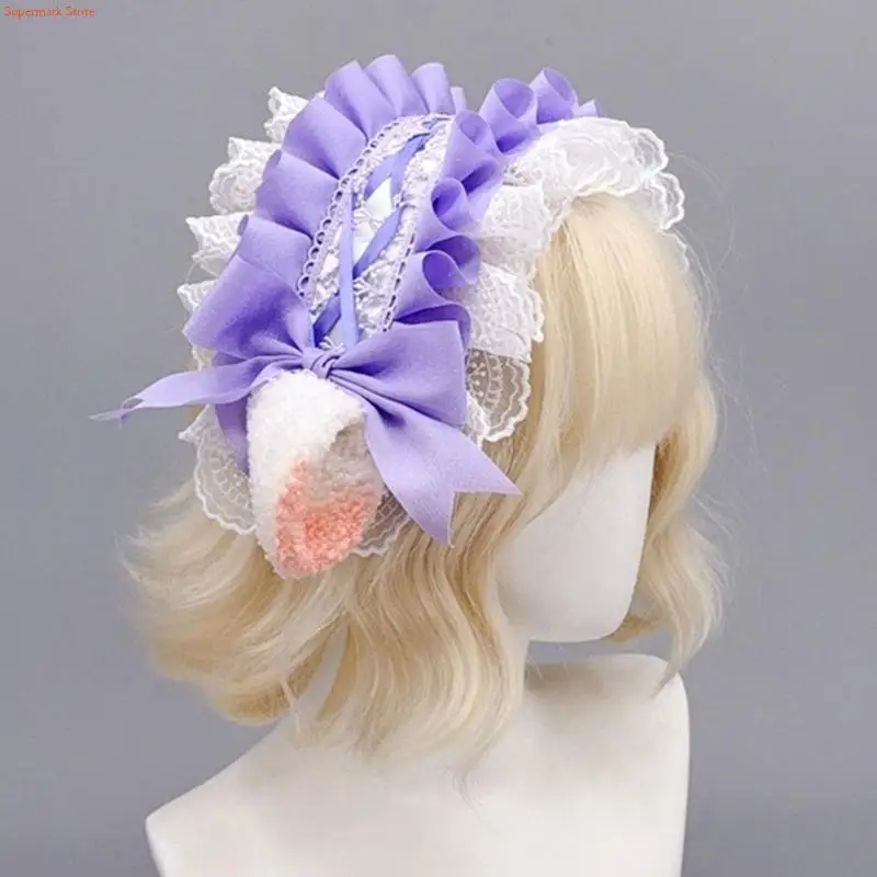 Q5WE Lamb Headbands Cosplay Bows Ruffle Lamb Ear Hairbands Lovely Headwear Makeup Washing Face Hairbands Birthday Party