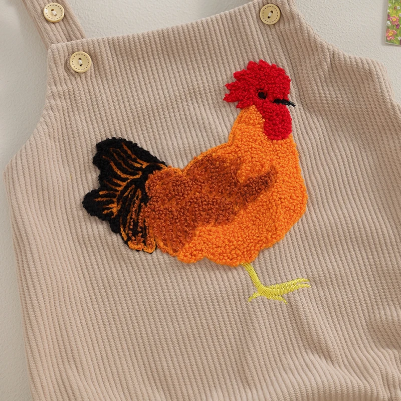 

Carolilly Baby Girls Boys Unisex Easter Overalls Sleeveless Embroidery Rooster Corduroy Rompers Newborn Spring Outfits Baby