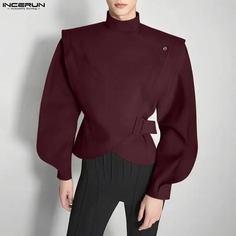 INCERUN Men Shirt Solid Stand Collar Long Sleeve Casual Men Clothing Streetwear Loose Fashion Irregular Shirts Camisas 2026 3XL