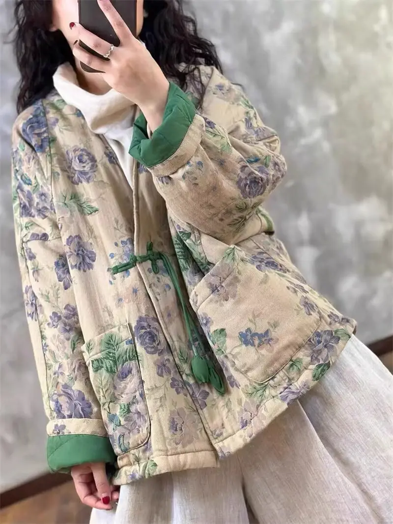 Women's Winter Ethnic Embroidered Linen-Cotton Blend Coat - Retro Floral V-Neck Design with  Buttons, Boho Folk Jacket G373