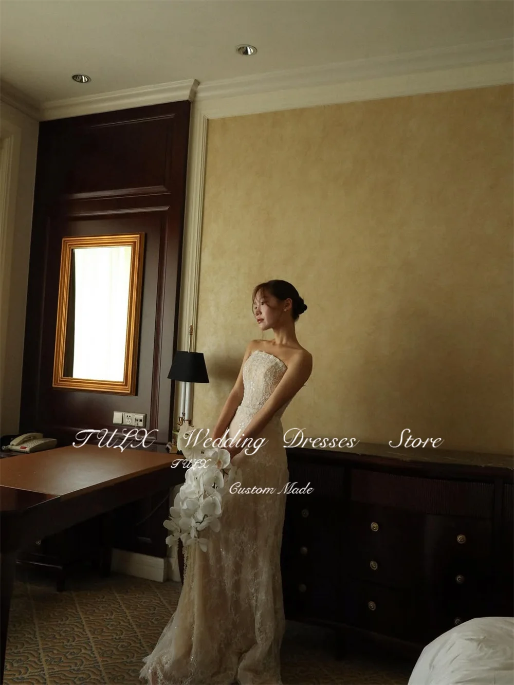 TULX Luxury Sparkly Lace Wedding Dress Korea Photo Shoot Strapless Mermaid Long Bridal Gowns Corset Customized 웨딩드레스 2025