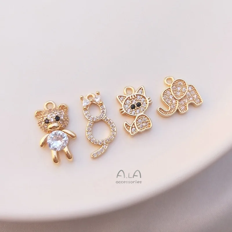 14K Gold Color Preserving Cute Zircon Bear Elephant Cat Pendants DIY Bracelet Earrings Jewelry Accessories