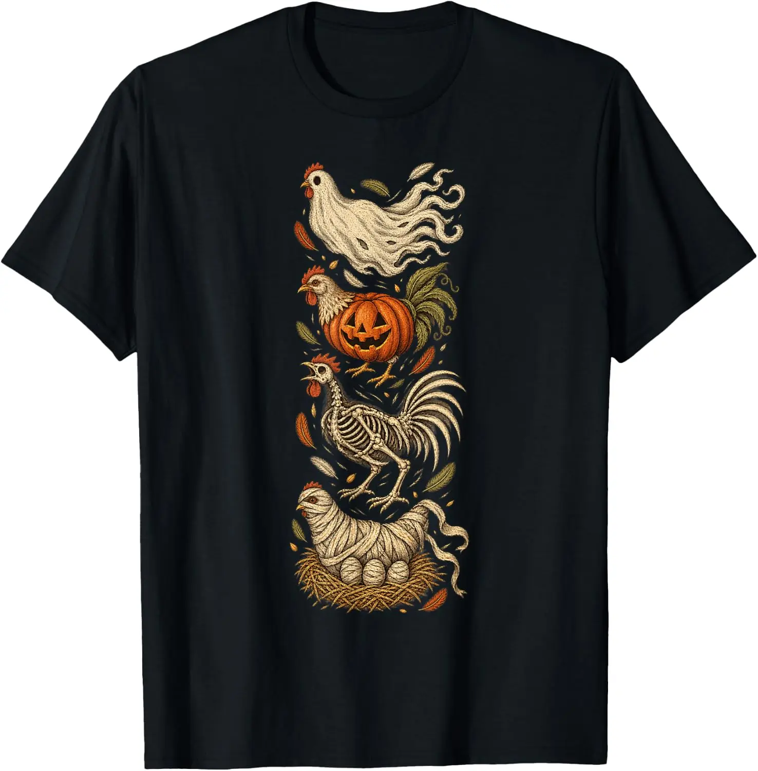 Halloween Chicken Vintage Ghost Skeleton Hen Farm T-Shirt Novelty Unisex Graphic T‑Shirt, Creative [Your Graphic Design] Print Tee, 100% Cotton Breathable Crew Neck Casual Short Sleeve Top, Gift Choice For Friends Family Daily Party