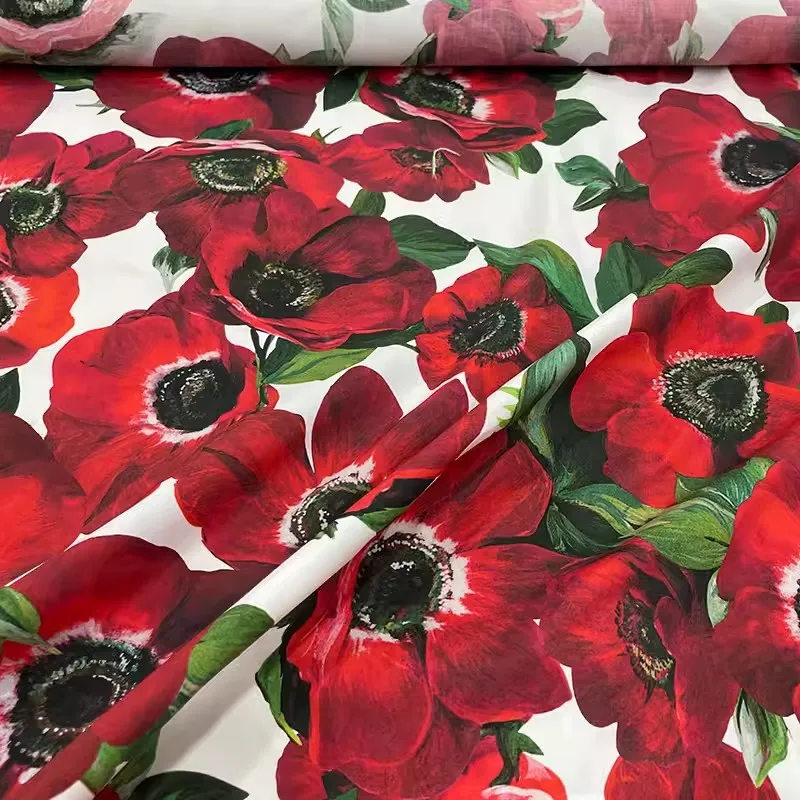 2024 New Fashion Show Red Peony Flower Printed Cotton Fabric For Woman Summer Dress Blouse Pants DIY Cloth Sewing Material