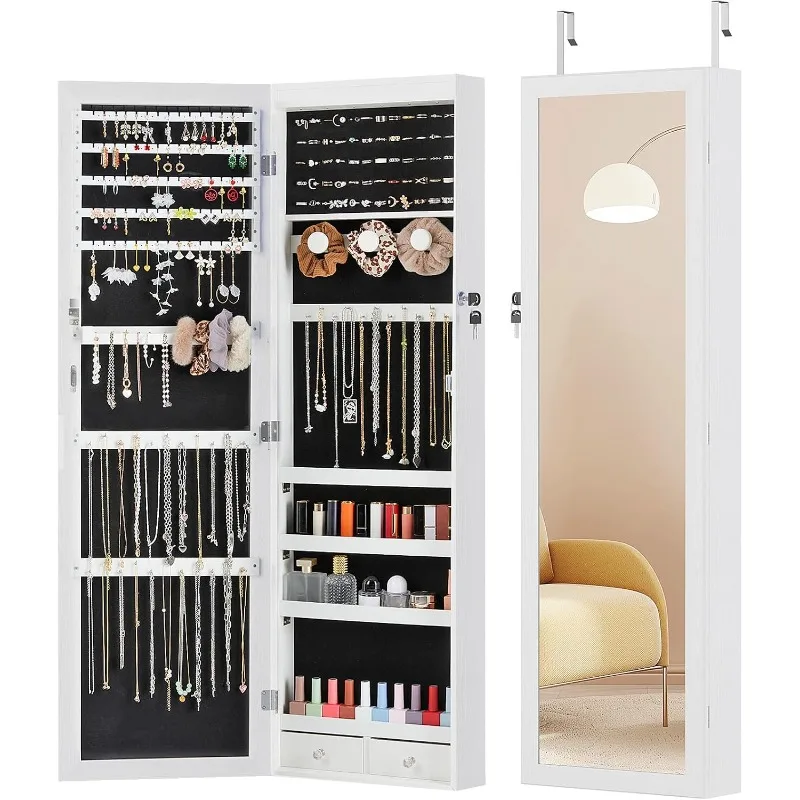 

6 LEDs Jewelry Cabinet Organizer, 47.2-inch Jewelry Armoire with Full-Length Mirror, Wall or Door Mounted Jewelry Storage, Locka