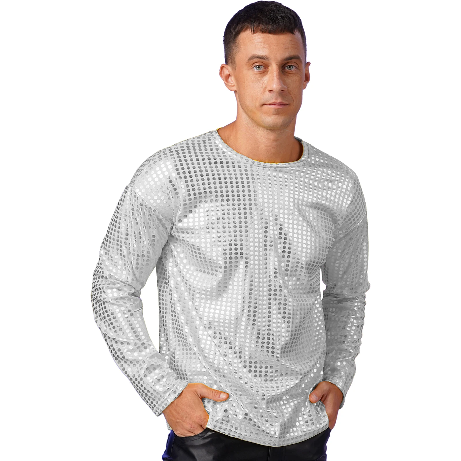 Mens Metallic Shiny White Sequins T-Shirt Tops Long Sleeve Round Neckline Shirt Disco Christmas Halloween Party Stage Costumes