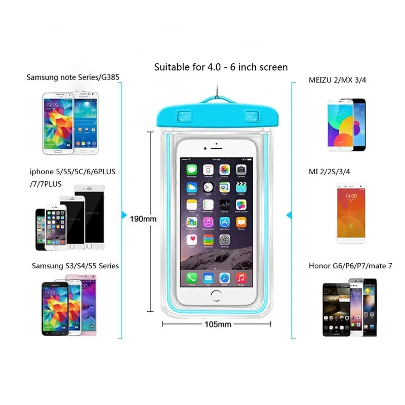 Summer Luminous Waterproof Pouch Swimming Gadget Beach Dry Bag Phone Case Cover Camping Skiing Holder For Cell Phone 3.5-6Inch