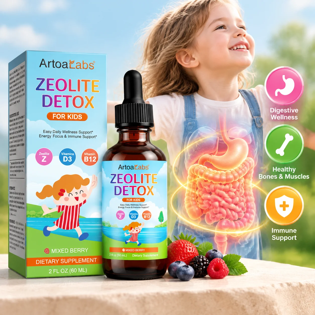 Kids Zeolite Drops,Supports Digestive Wellness,Healthy Bone & Muscle,Immune,With Zeolite,Vitamin D3,B12,Mixed Berry Flavor,60ml