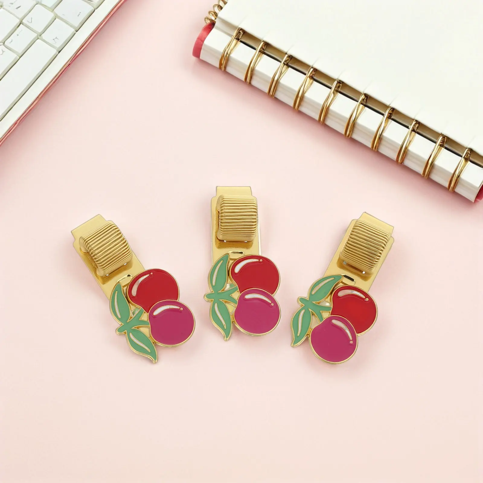 

3Pcs Metal Cherry Pen Clips Decorative Adjustable Spring Pen Holder Loop for Planner Notebook Journal Organizing