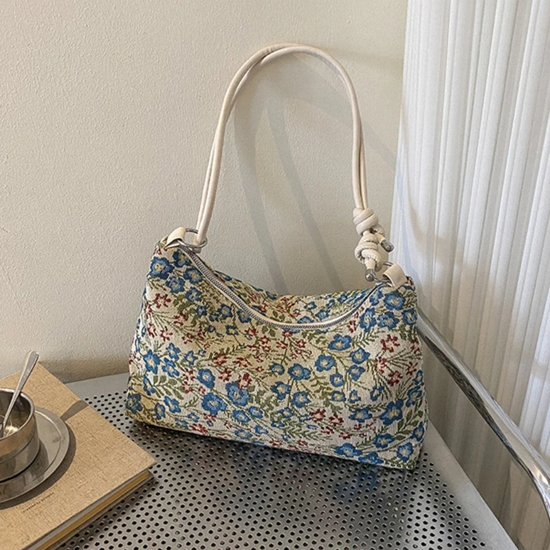 Women Vintage Ethnic Flower Underarm Bag with Adjusted Strap Zippered Korean Fashion Shoulder Crossbody Bag Handbag