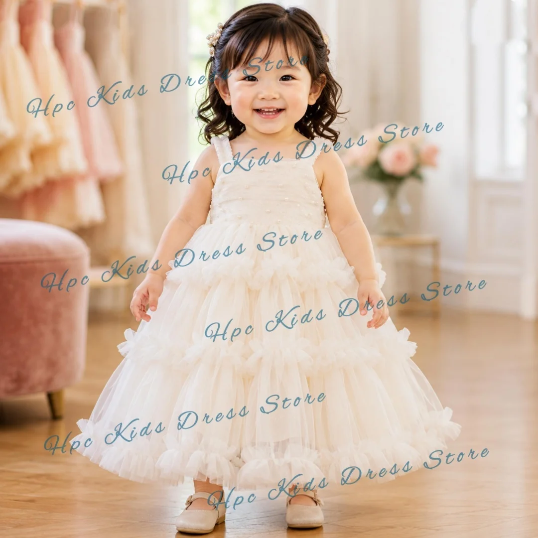 Custom White Flower Girl Dress for First Communion, Sleeveless Tiered Tulle Princess Gown with Pearl Details, Customizable Kids