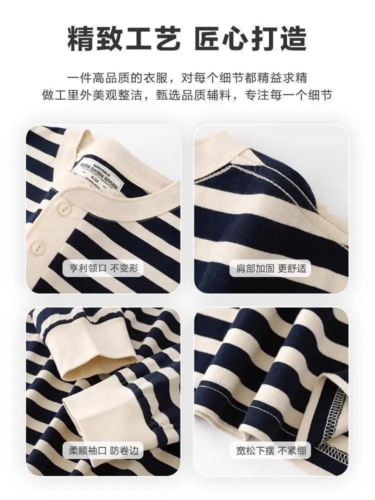 Women's Navy & Cream Striped Henley Neck Long Sleeve Casual Pullover Top Loose Fit Daily Wear T-Shirts