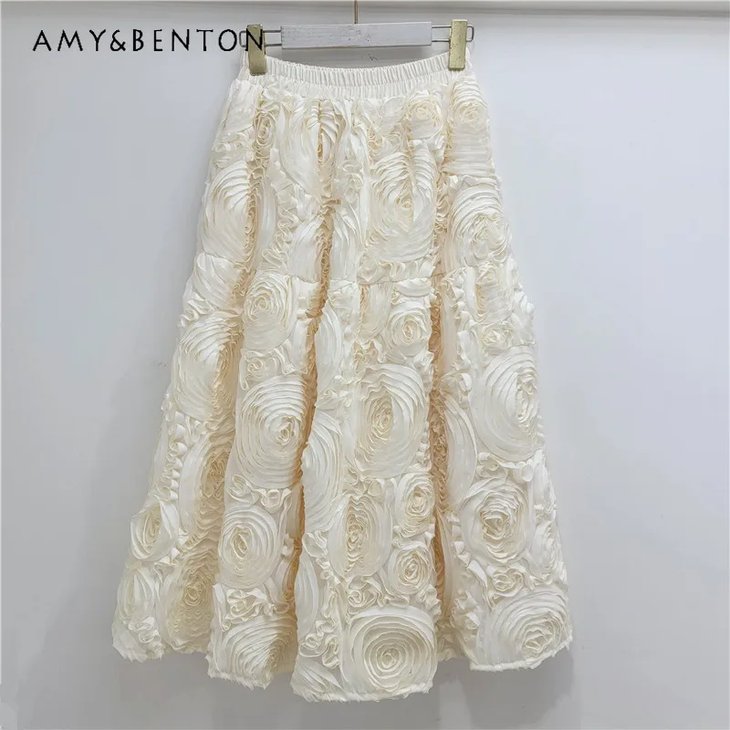 Elastic Waist Sweet Puff Big Swing Umbrella Skirts French Three-dimensional Large Plate Flower A-line Medium Length Skirt Female