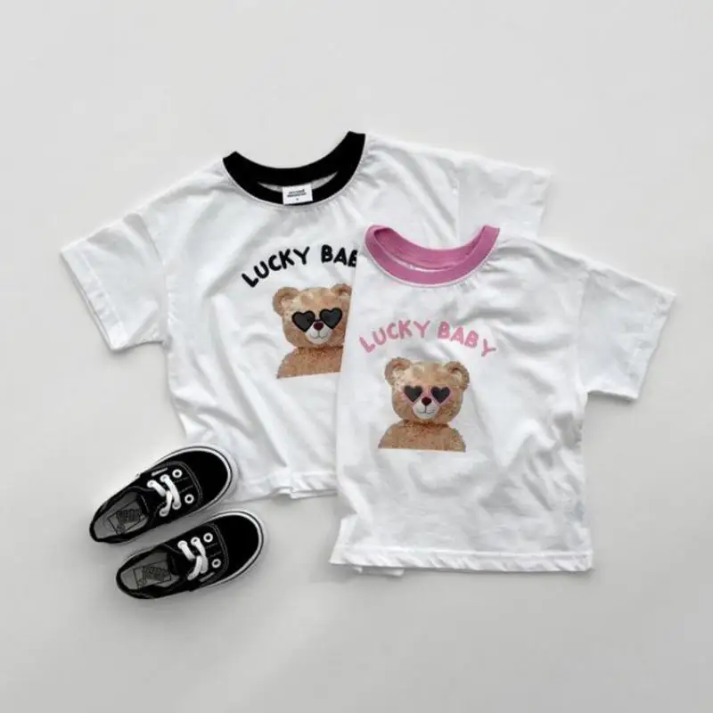 

2024 Summer New Children Short Sleeve T Shirts Cute Cartoon Bear Kids Boys Girls Casual Tee Cotton Toddler Thin Versatile Tops