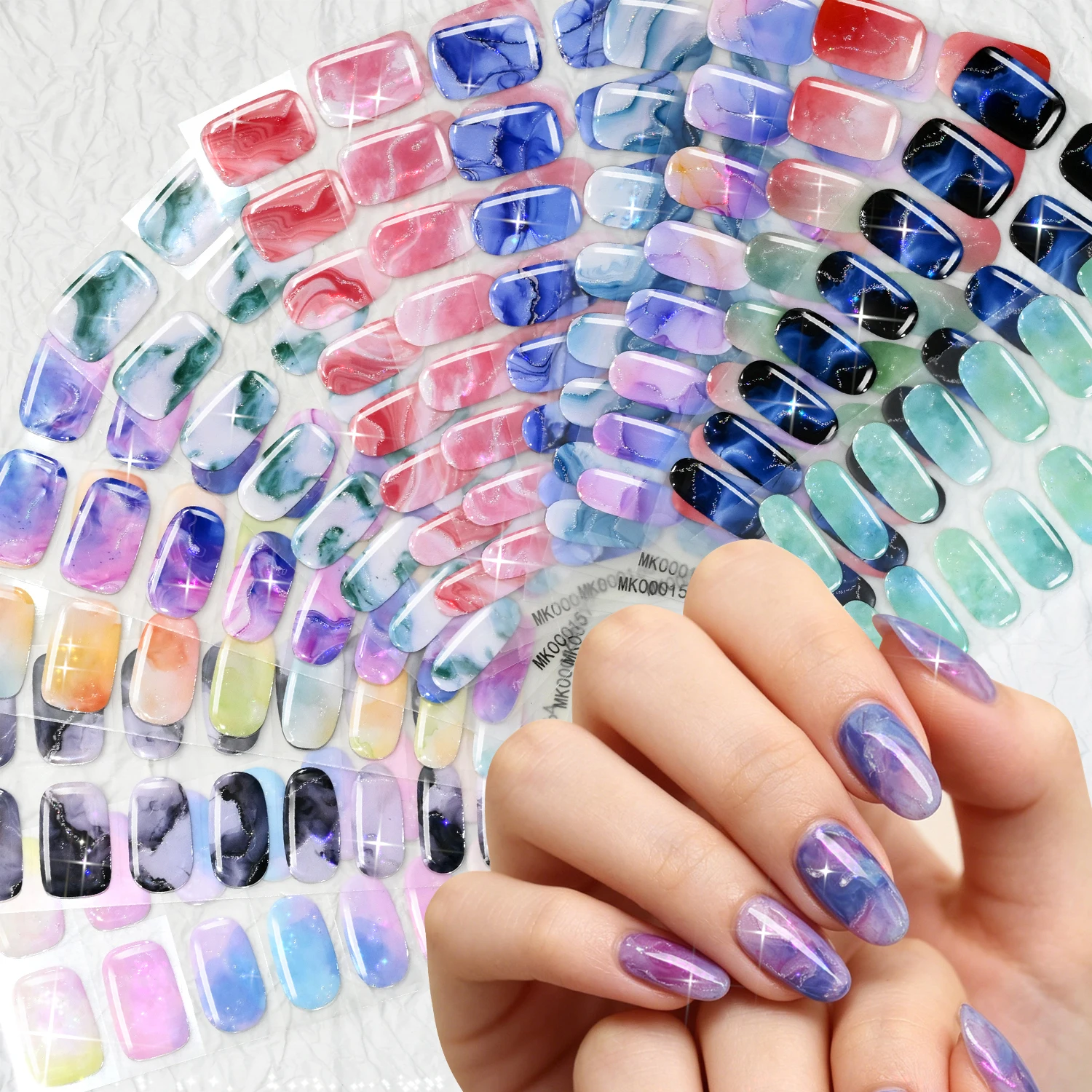 16Tips Shimmer Milky Way Nail Gel Strips Gradient Marble Blue Purple Glossy Baking-Free Gel Nails Wraps  Full Cover Nail Sticker
