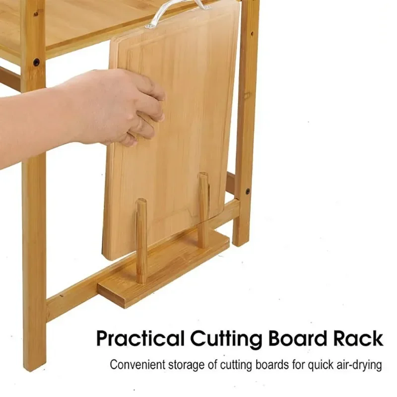 Multifunctional Microwave Shelf Storage Rack Kitchen Wooden Rack Bamboo Microwave Rack with 4 Hooks