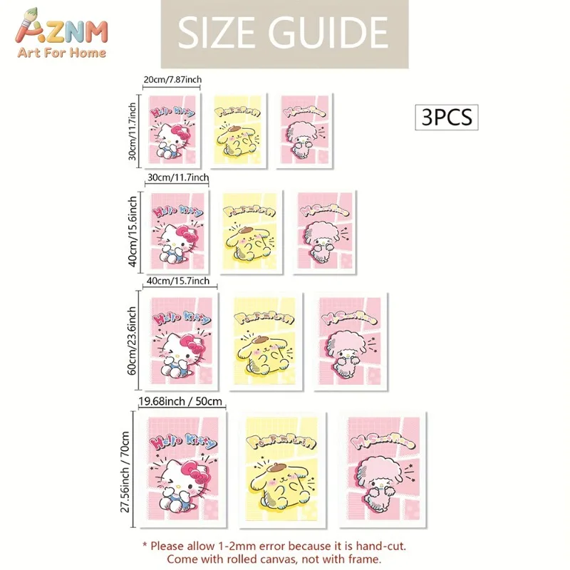 AZNM Unframed Canvas Wall Art Hello Kitty Pompompurin My Sweet Piano Pop Grid Sanrio Cartoon Poster Pink Yellow Kawaii Print Gi