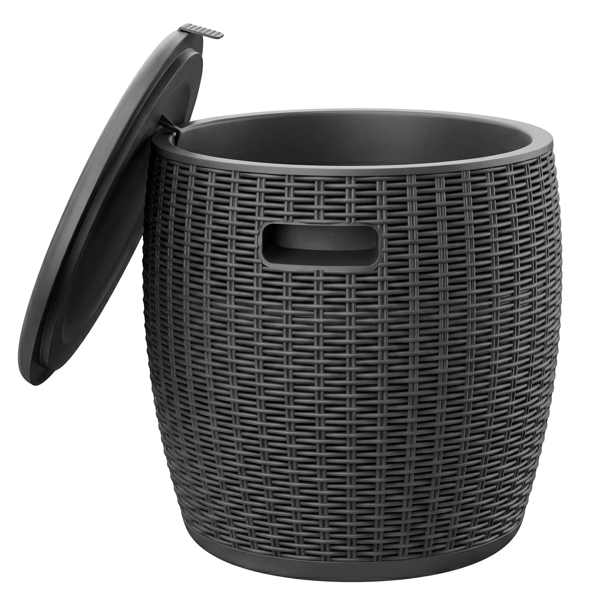 Round Rattan Look Resin Ice Bucket with Lid, Weatherproof Outdoor Storage Side Table for Patio Pool Backyard Drinks