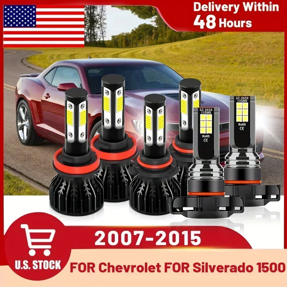 

For Chevrolet For Silverado 1500 (2007-2015), LED Headlight Bulbs 9005+H11 Hi/ Low Beam+5202 Fog Light 6500K White 6PCS