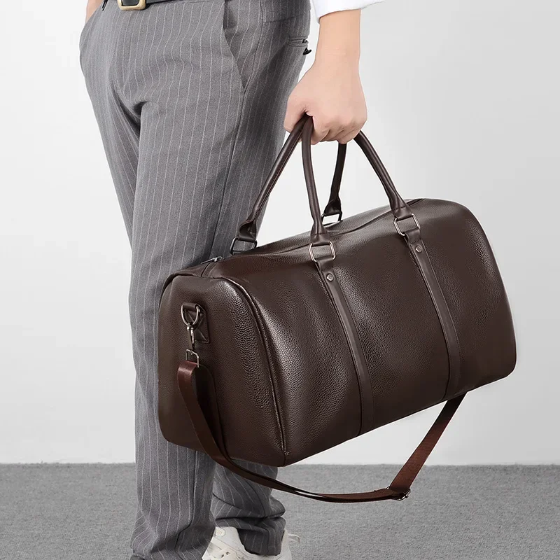 Men's Travel Handbag Casual Tote Bag Male PU Leather Gym Shoes Pocket Fitness Luggage Duffle Shoulder Sports Side Portable Bag