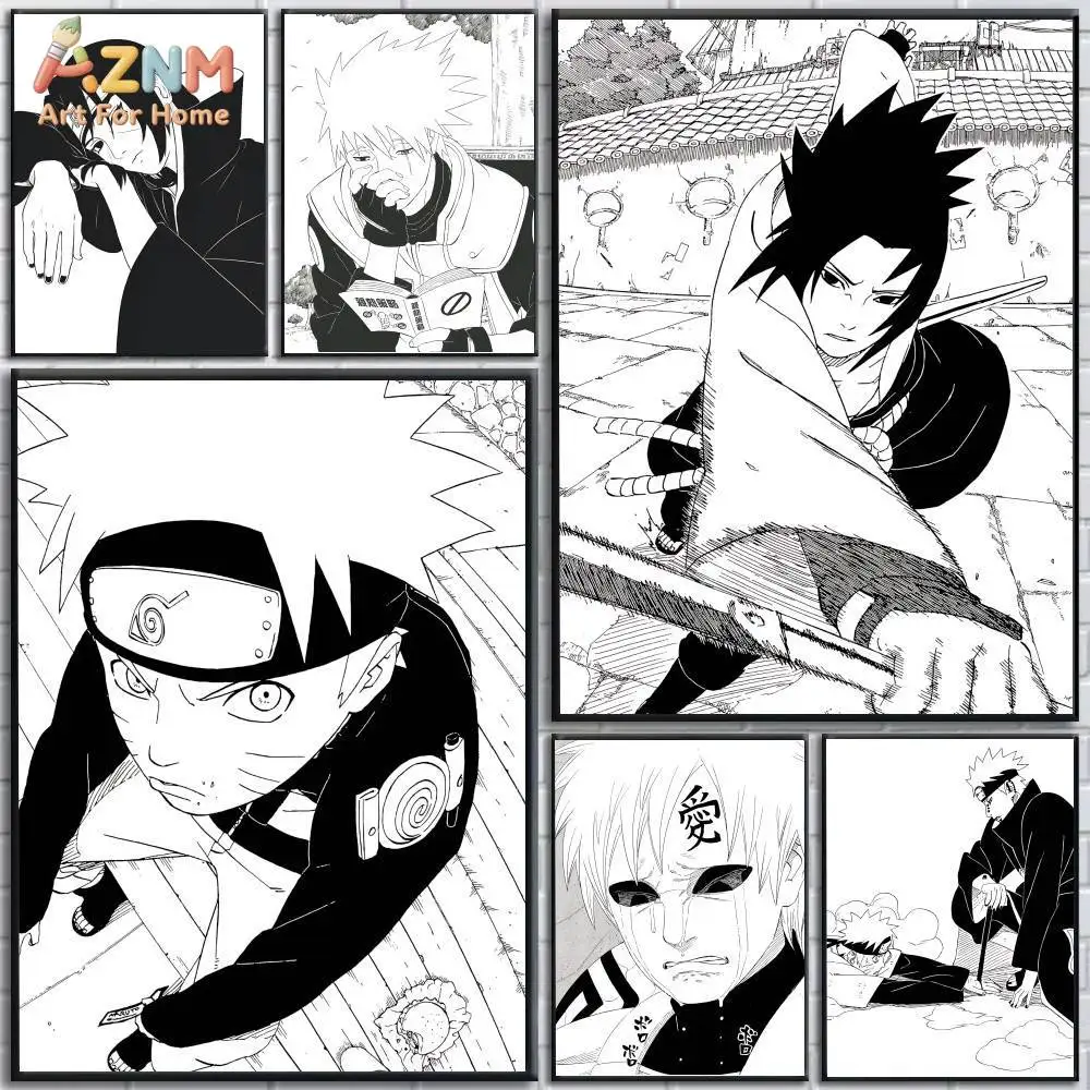 AZNM Naruto Unframed Canvas Print Black White Manga Panel Naruto Sasuke Itachi Gaara Anime Character Wall Art Poster Room Decor