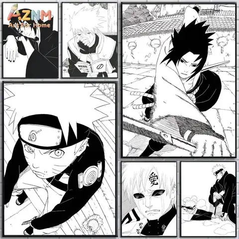 AZNM Naruto Unframed Canvas Print Black White Manga Panel Naruto Sasuke Itachi Gaara Anime Character Wall Art Poster Room Decor
