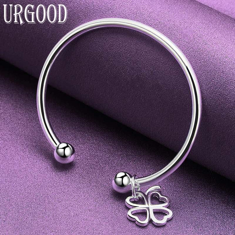 

925 Sterling Silver Simple Four Leaf Grass Bangle For Women Man Party Engagement Wedding Romantic Fashion Jewelry Gift