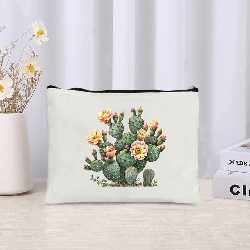 Flower Cactus Print Canvas Cosmetic Bag Organizer donna Travel Sundry Storage Zipper Pouch cancelleria forniture per ufficio Pencil Bag